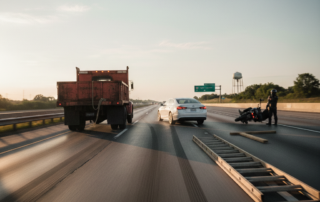 Highway road debris accident in Missouri involving a fallen ladder and unsecured cargo causing a vehicle collision.