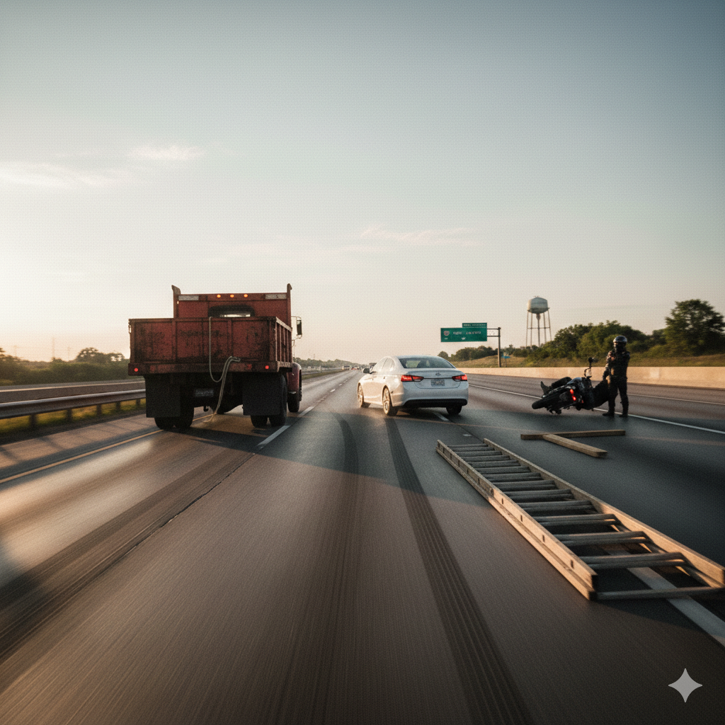 Highway road debris accident in Missouri involving a fallen ladder and unsecured cargo causing a vehicle collision.