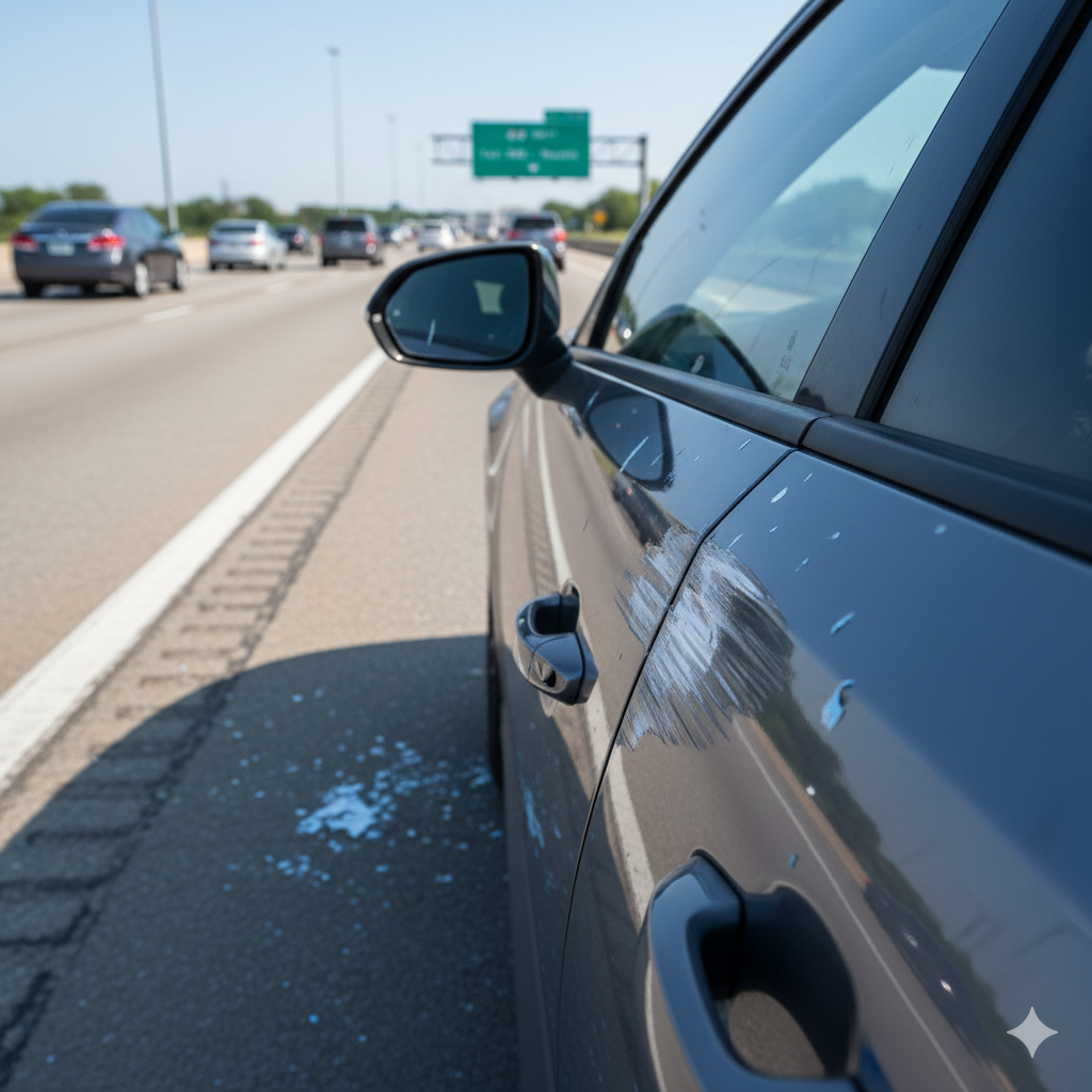 Side-swipe collision on a Missouri highway caused by an improper lane change. Side-swipe collision on a Missouri highway caused by an improper lane change.