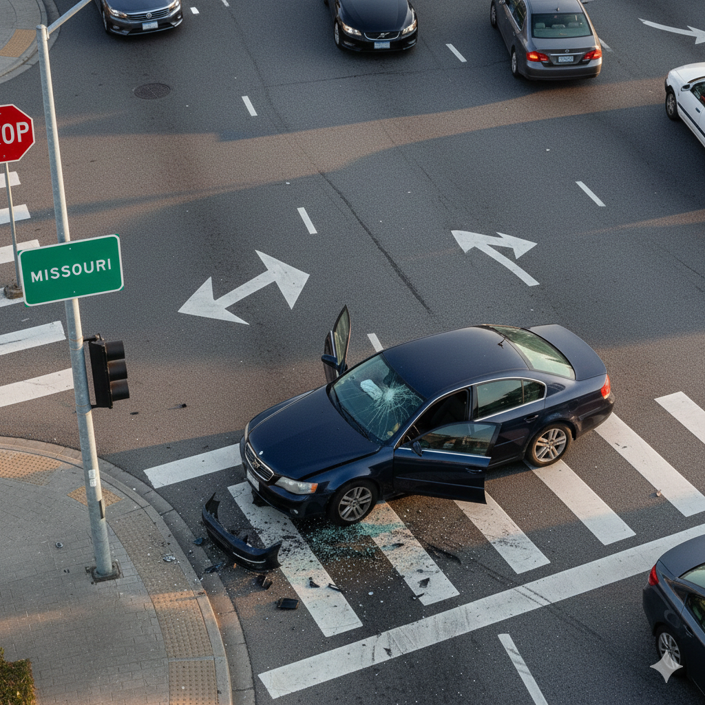 T-bone car accident at a Missouri intersection showing side-impact damage. T-bone car accident at a Missouri intersection showing side-impact damage.