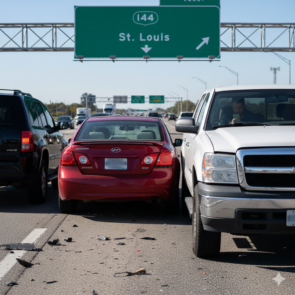 Rear-end collision in Missouri with significant bumper damage and whiplash risk. Rear-end collision in Missouri with significant bumper damage and whiplash risk.